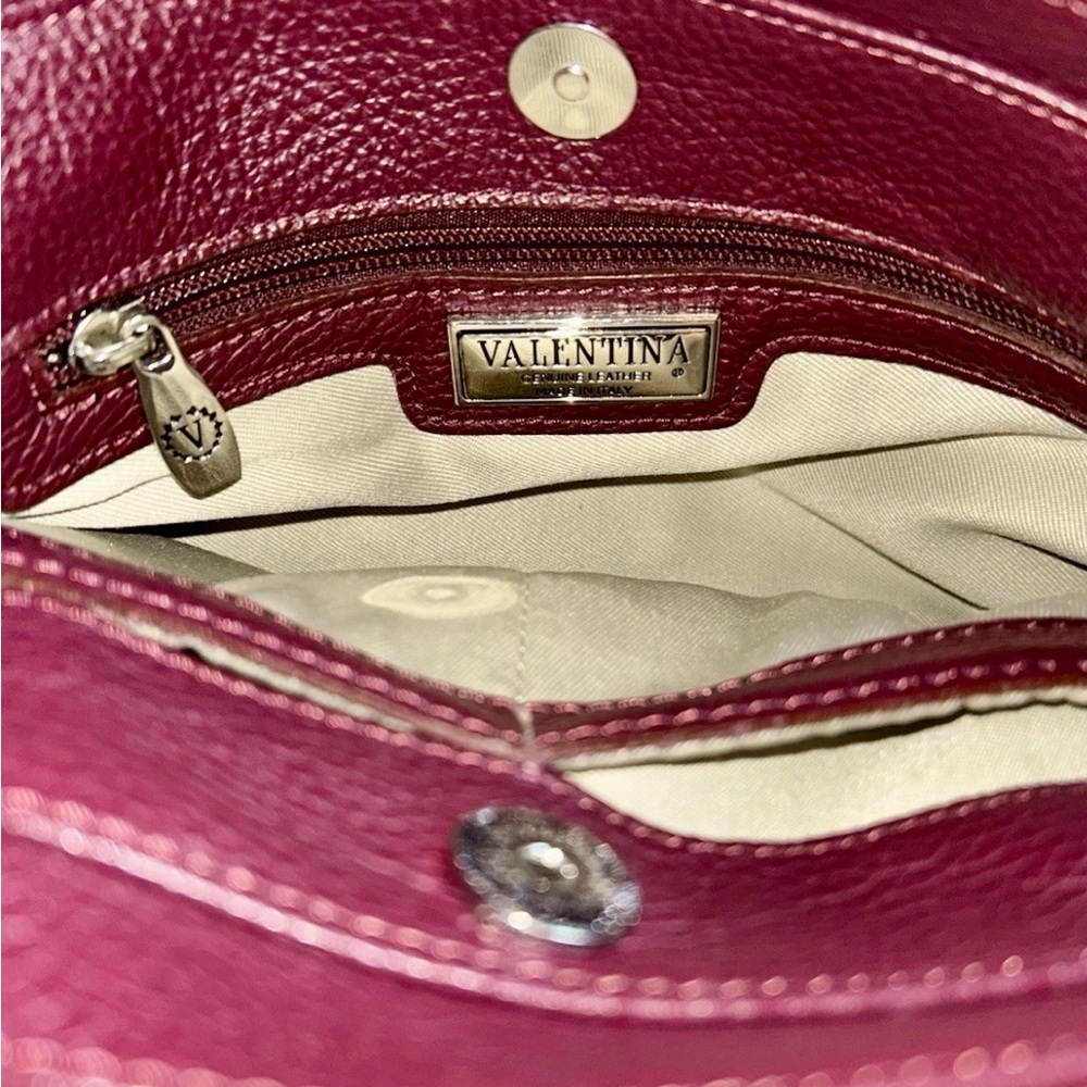 Valentina Women's Burgundy Leather Crossbody Bag with Tan Strap - Picture 7 of 10